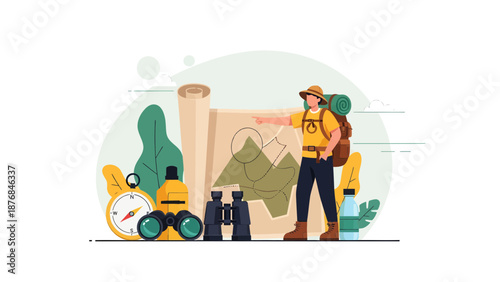 Adventurous Hiker Plans His Route With Map And Necessary Hiking Gear Illustration