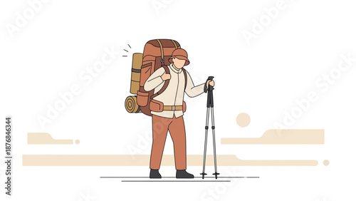 Adventurous Hiker On A Mountain Trail With Trekking Poles And Backpack