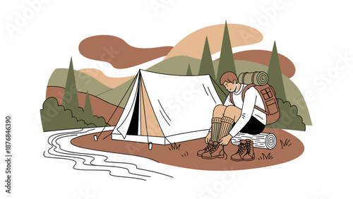 Adventurous Hiker Prepares for Trek at Campground in Forest Landscape Illustration