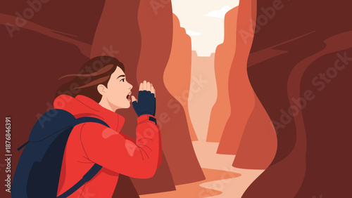 Adventurous Hiker Shouting Through Narrow Canyon Passage Seeking Lost Companions