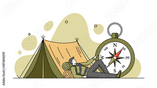 Adventures Await Conceptual Illustration Featuring Tent Compass and Happy Explorer