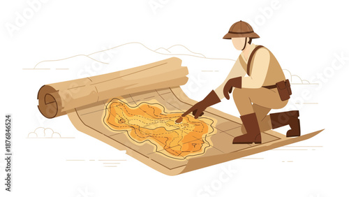 Adventures Await: Explorer Deciphering Ancient Map for Hidden Treasure On Remote Island