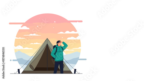 Adventurous Journey Man Enjoying Outdoor Scene Near Tent With Pastel Sunset
