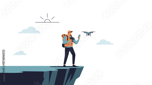Adventures Await Modern Explorer Launches Drone On Cliffside Landscape View