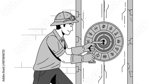 Adventuresome Character Cracking Code On Intricate Circular Vault Door Combination Lock