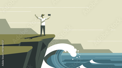 Adventuresome Figure Capturing Ocean Views From A Cliff Edge Vacation Getaway