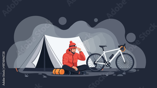 Adventuresome Biker Enjoying Camping Alone after Cyclocross Expedition Night Illustration