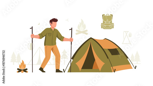 Adventurous Man Setting Up Camp In Nature Surrounded By Wilderness Items