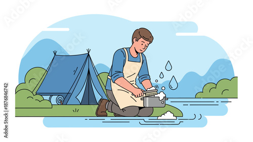 Adventurous Man Washing Dishes Outdoors While Camping Near Tranquil Mountain Scenery