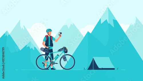 Adventurous Bikepacker Capturing Mountain Views During Camping Trip With Camera
