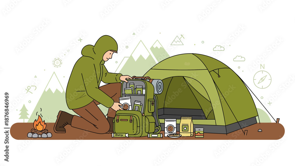 © YESSI - Adventurous Camping Trip Preparation With Backpack Tent Fire and Mountain View