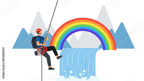 Adventurous Rapperling On Waterfall, Mountain View With Rainbow Cartoon Art