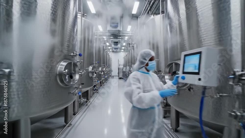 Pharmaceutical Cleanroom Manufacturing Process - A worker in a full body clean suit stands in a sterile manufacturing cleanroom. Large stainless steel tanks and piping line the walls of the facility.