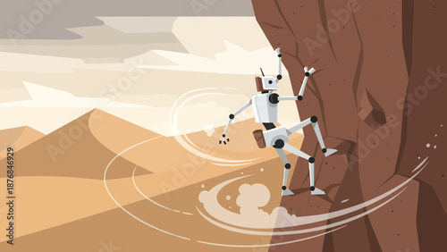 Adventurous Robot Conquering Arid Terrain In A Futuristic Rock Climbing Challenge