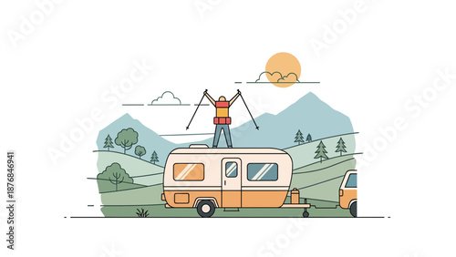 Adventurous Camper Celebrates atop Recreational Vehicle amidst Idyllic Mountainous Scenery
