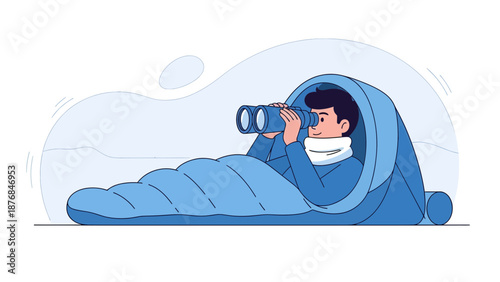Adventurous Scout Observing Nature From A Cozy Sleeping Bag On Camping Trip