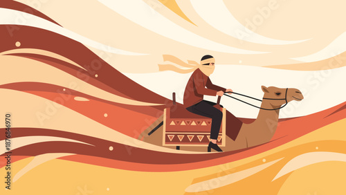 Adventurous Camel Ride Through The Exotic Desert Landscape Illustration