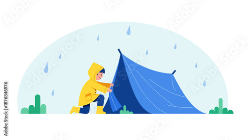 Adventurous Spirit: Child Sets Up Blue Tent In The Rain With Yellow Raincoat