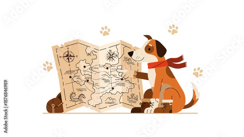 Adventurous Canine Friend Reads A Vintage Style Treasure Map Illustration