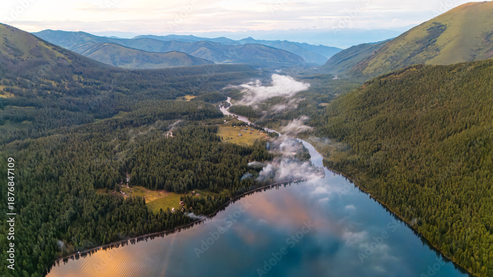 Fototapeta premium Multinskoye Lake in Altai at sunset, view from a drone
