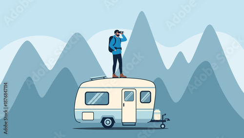 Adventurous Traveler Standing On Top Of His Caravan Gazing At Mountain Views