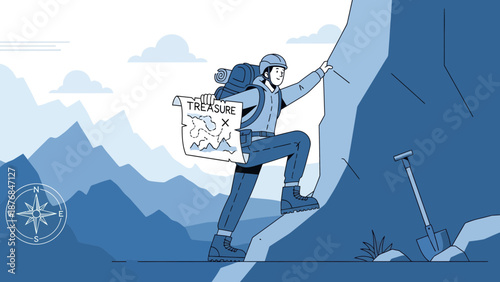 Adventurous Treasure Hunter Climbing a Mountain With a Detailed Treasure Map