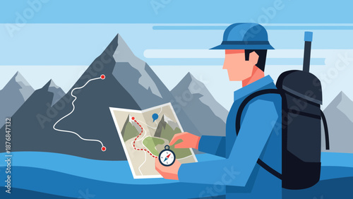 Adventurous Trekker Planning Route On Map For Mountain Climbing Journey Exploration