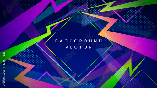 Abstract sports background or vibrant backdrop with colorful geometric shapes and lightning bolt lines or thunder zig zag patterns on dark blue for energetic gaming poster design