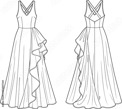 PrintTechnical fashion sketch of an elegant sleeveless evening gown with a deep V-neckline and tiered ruffle detail on the skirt, flat vector illustration,