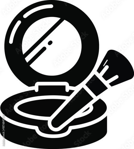 Black icon representing opened compact powder case with mirror and makeup brush applying product inside