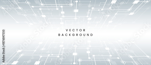 Minimalist white technology background with perspective digital circuit line frame and network nodes for big data connectivity and communication concepts