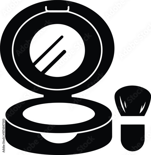 Open makeup compact icon with circular mirror and standalone cosmetic brush side view black silhouette illustration vector