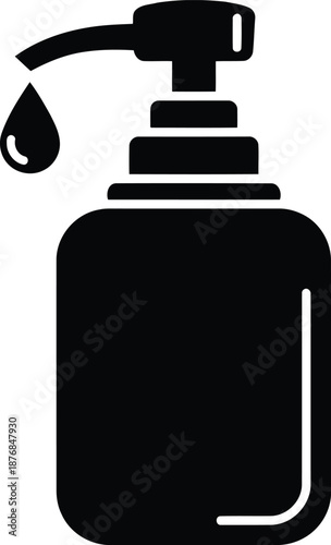Stylized silhouette image showing pump container used for dispensing lotion or handwash, featuring rounded corners and dripping fluid graphic element concept