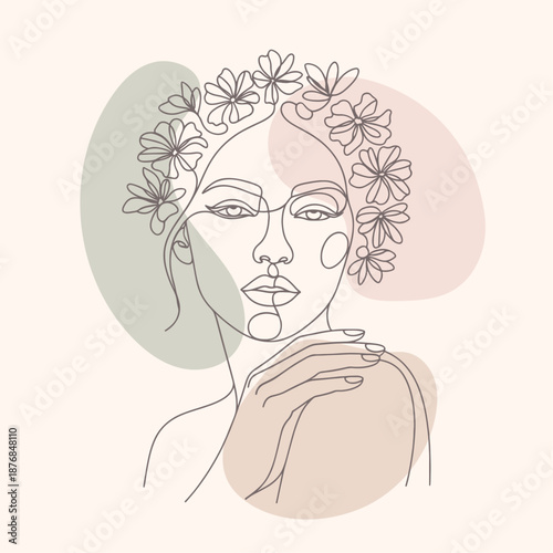 Fashionable One Line Female Face with Botanical Flowers – Boho Chic Line Art Vector