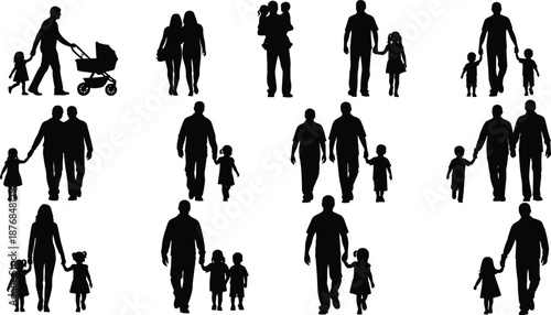 Family silhouettes walking together with children and stroller, parents holding hands, happy lifestyle moments, black vector people, isolated figures