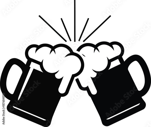 Dynamic beer mug clinking icon with sleek lines and overflowing foam heads for modern beverage brand identity and symbols