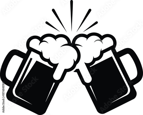 Two cartoon styled beer mugs clinking together with a splash effect, a symbol of celebration or a toast