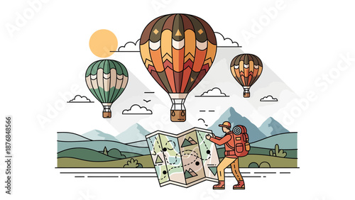 Adventurous Trip With Colorful Balloons And Mountain Landscapes In Nature