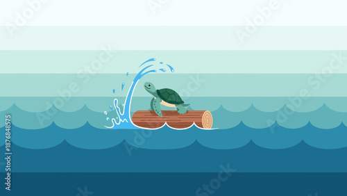 Adventurous Turtle Drifting On Log In Ocean With Water Splash Cartoon Style