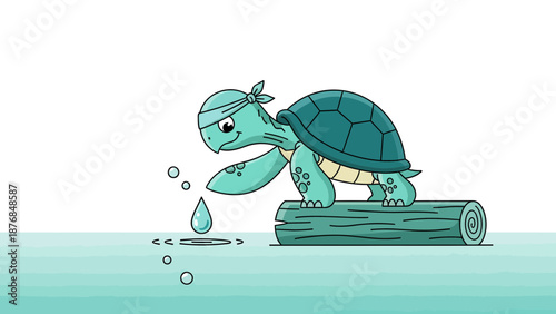 Adventurous Turtle On Log Raft Drops Water Into The Lake