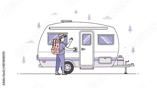 Adventurous Woman Arriving At Her Camping Trailer Vacation Home Destination