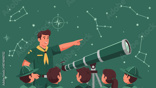 Adventurous Young Scouts Discovering Constellations Through Telescope Under Sky