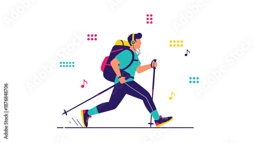 Adventurous Young Man With Backpack Hiking Listening To Upbeat Music