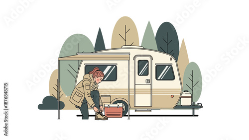 Adventurous Young Woman Preparing For Outdoor Exploration With Retro Camper Van