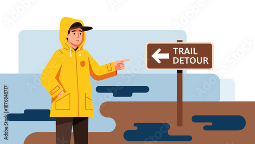 Advisory Trail Sign Directs Hiker Away From Flooded Hiking Route