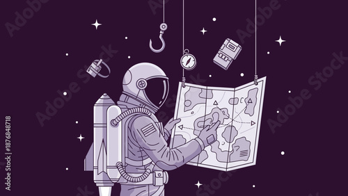 Astronaut Planning Cosmic Journey With Suspended Map In Space Minimalist Art