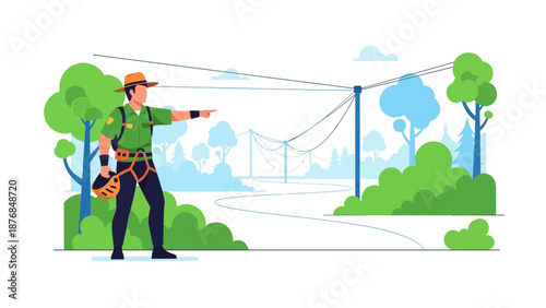 Adventurous Zipline Guide Pointing To The Exciting Aerial Course Among Scenic Green Trees