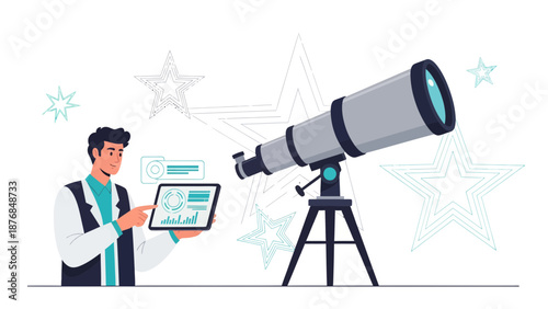 Astronomer Analyzing Star Data Using A Tablet Beside A Large Telescope