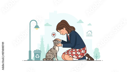 Affectionate Schoolgirl Petting A Stray Cat In Urban Park Illustration Scene