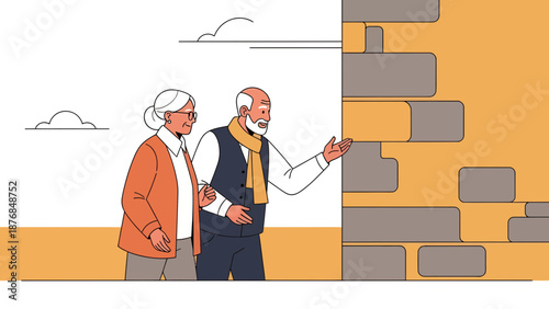 Affectionate Elderly Couple Enjoying Architecture Details During A Sunny Day Out